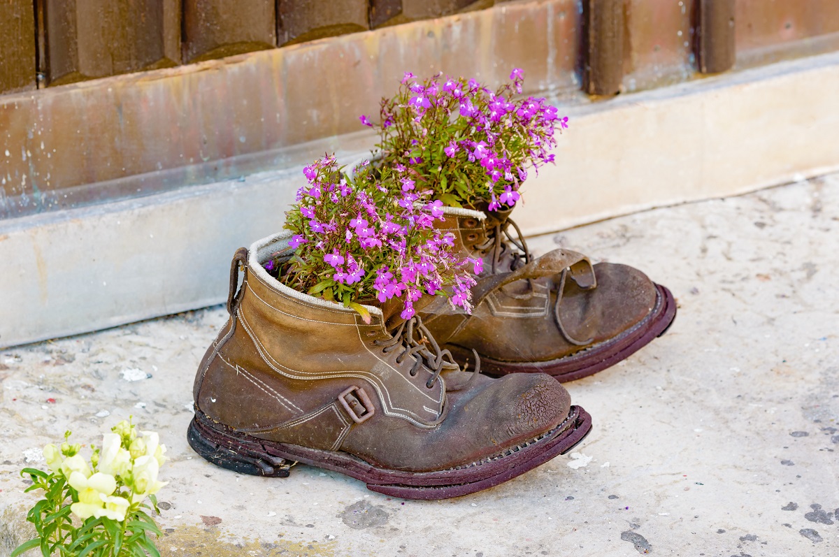 A pair of old used boots upcycled as flower pots