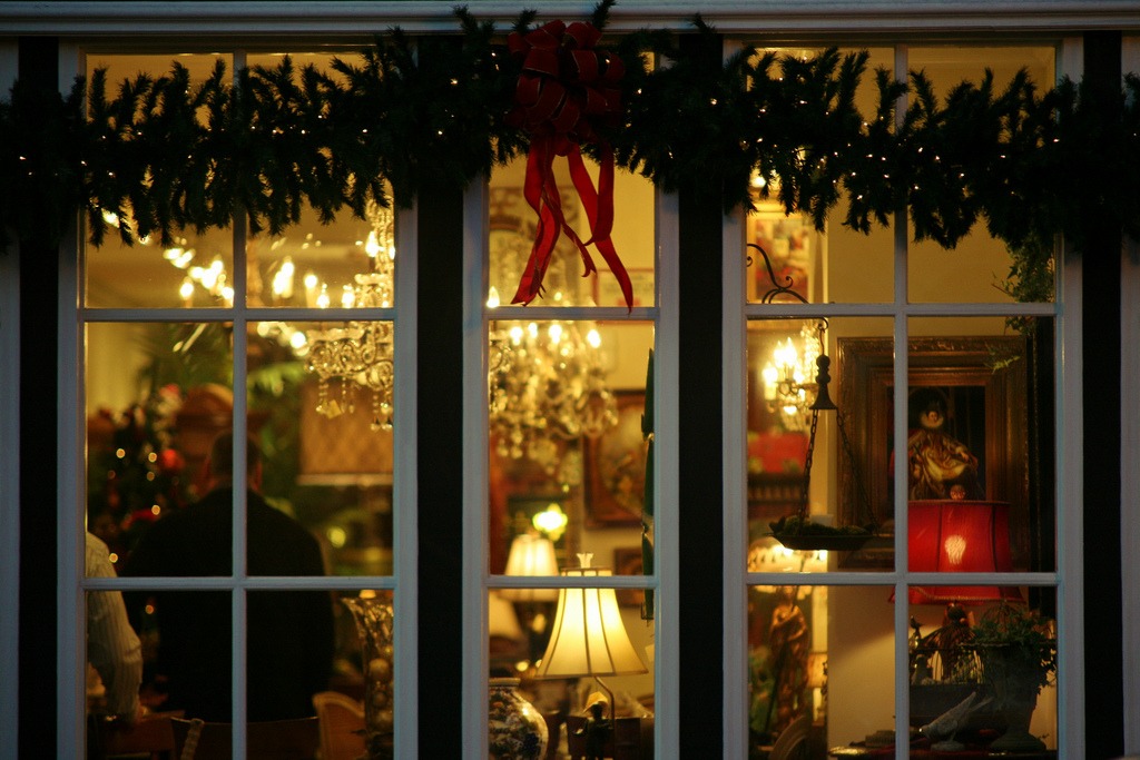 Holiday decorations inside window