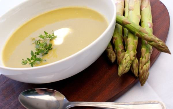 bowl of soup and asparagus