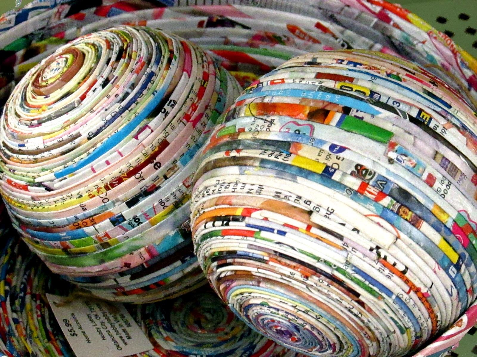 Balls made with folded recycled paper strips