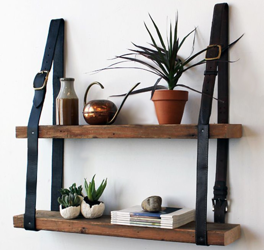 Upcycled belts made into shelving