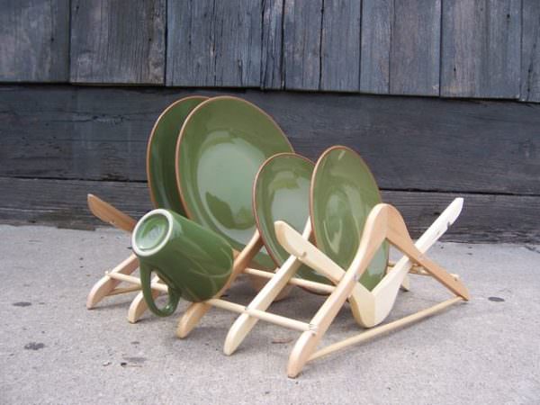 Wooden hangers repurposed into a dish rack