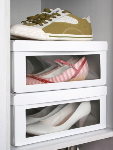 Upcycled shoeboxes into viewable storage