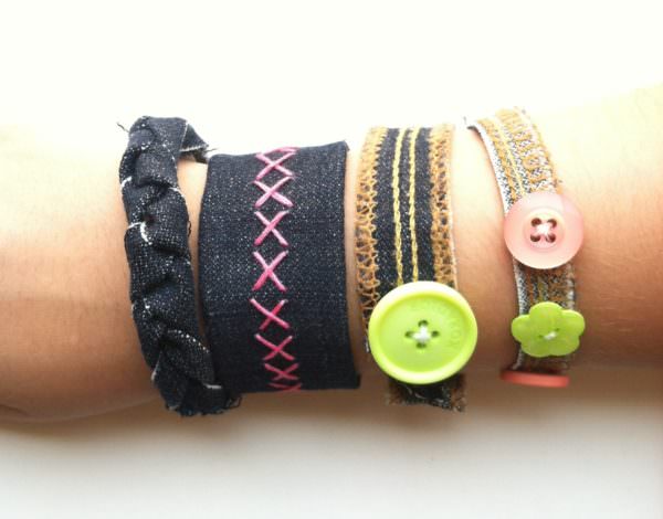 completed recycled denim friendship bracelets
