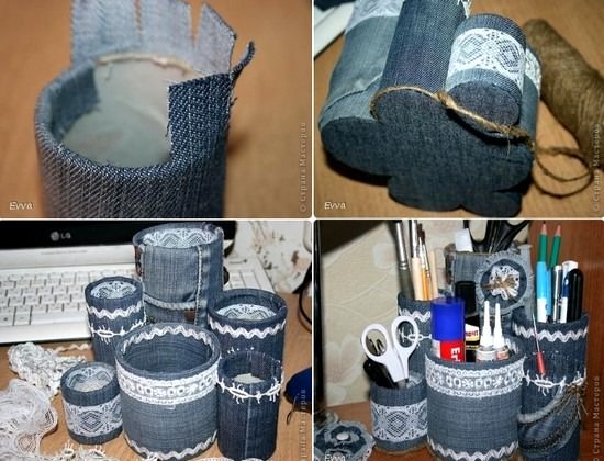 Recycle your jeans into these cute craft supply holders, courtesy of 8Trends.com.