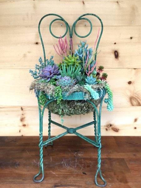 iron chair frame repurposed into planter