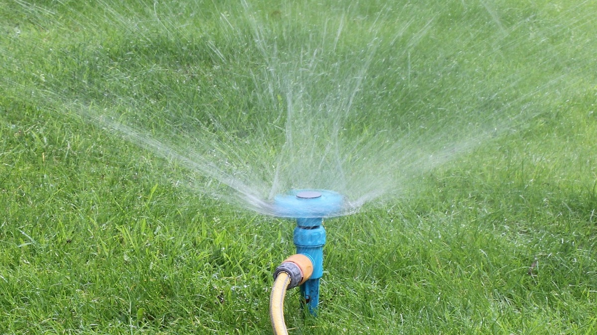 sprinkler watering green lawn