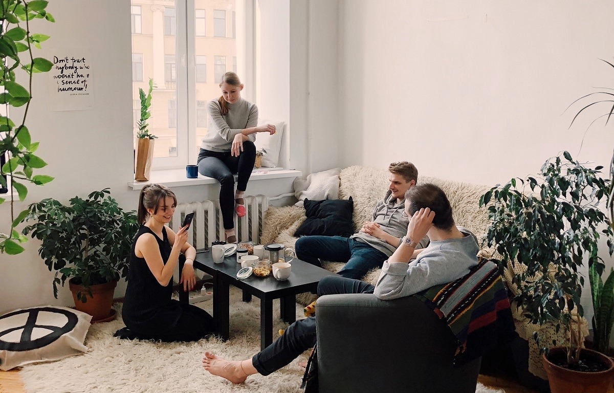 four adults sit in a comfortable living room with plants