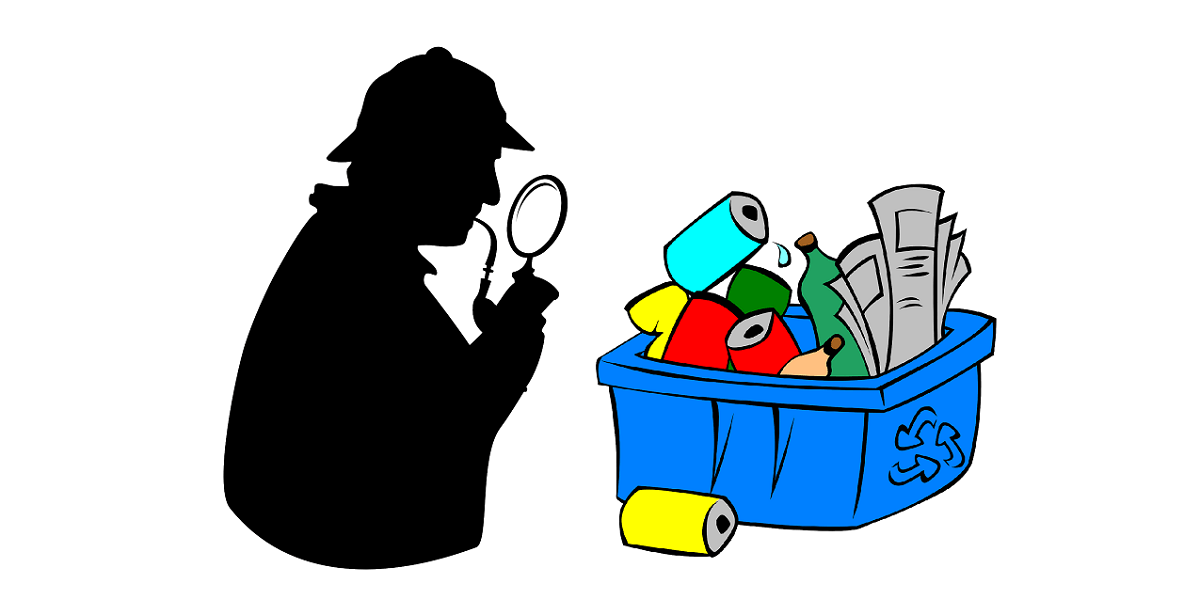 silhouette of detective examining box of recyclables through a magnifying glass