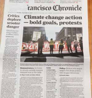 San Francisco Chronicle headline: "Climate change change action -- bold goals, protests"