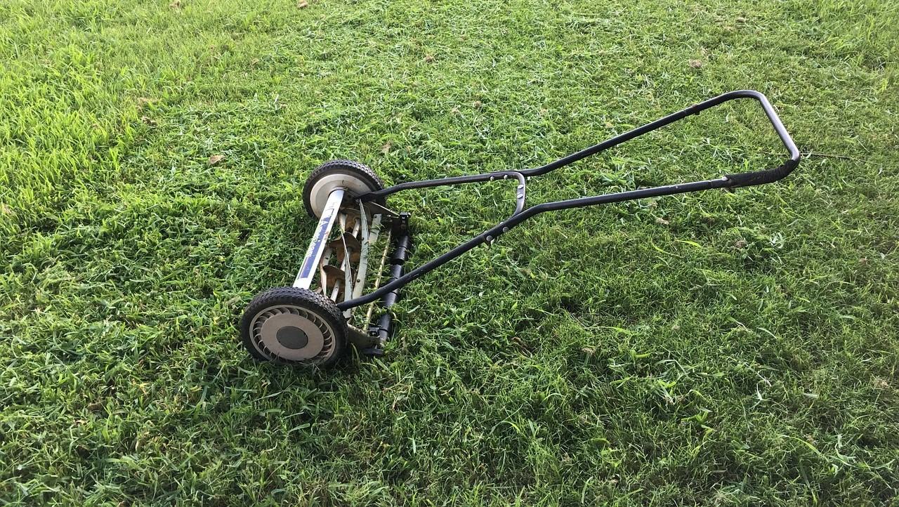 push reel lawnmower on cut grass
