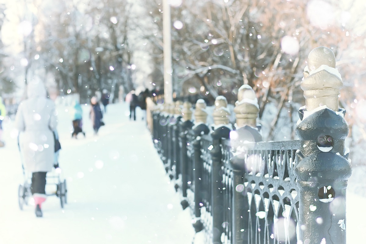 snowy winter street, wrought-iron fence