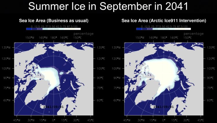 projected summer ice in 2041 with and without Arctic Ice911 intervention