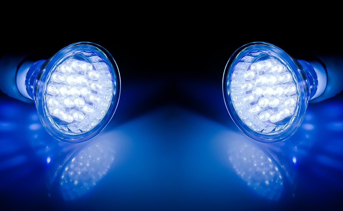 blue beams of two LED lamps