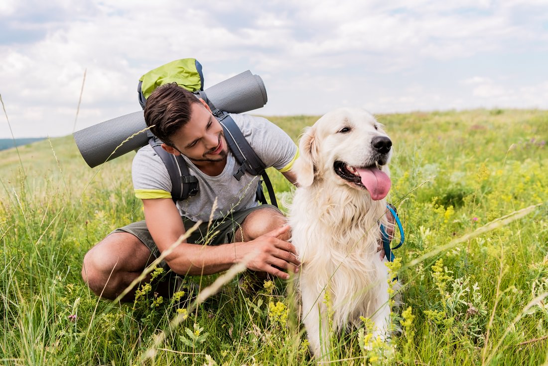 man with backpack and dog in green meadow