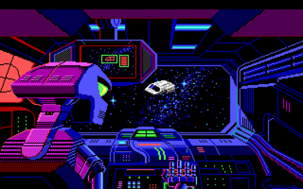 computerized graphic of robot at spaceship controls
