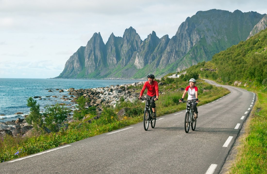 two cyclists relax biking in Norway