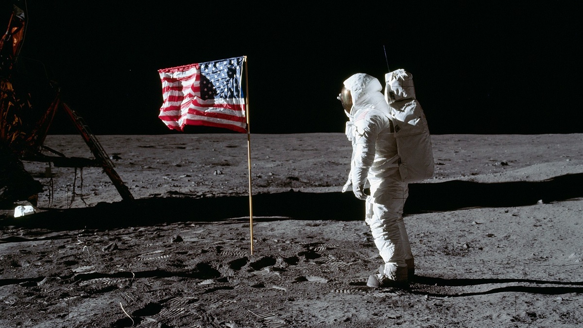 Astronaut Buzz Aldrin salutes U.S. flag on moon