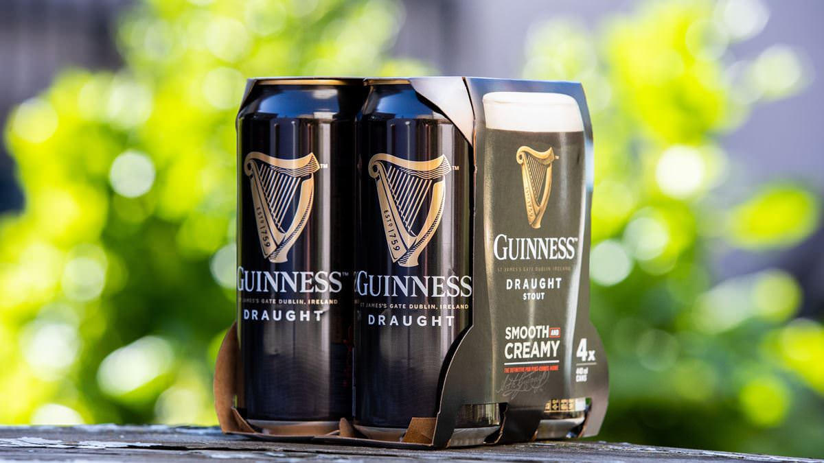 Guinness beer in 100 percent biodegradable or recyclable cardboard