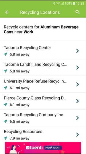 iRecycle app Recycling Locations screen