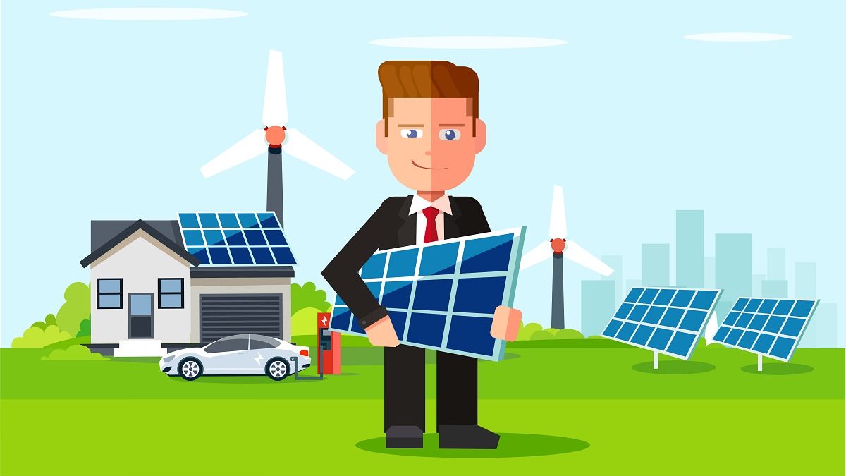 illustration of man in suit holding solar panel in front of wind turbines