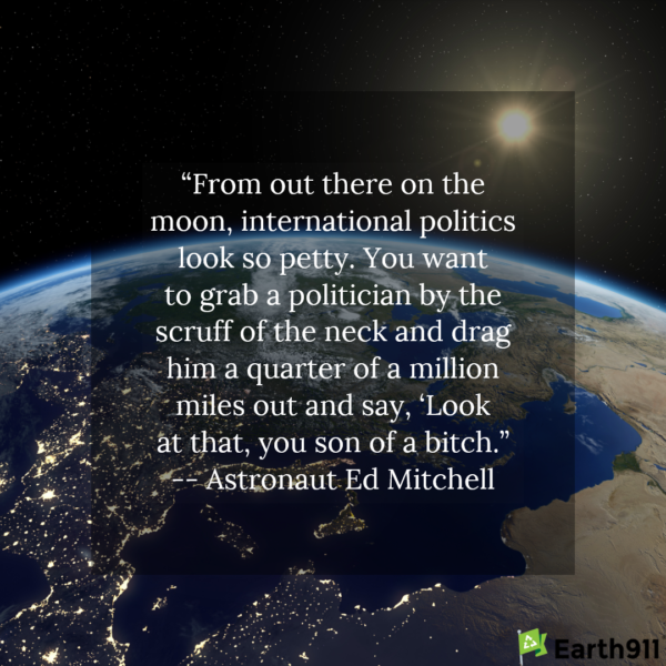 Earth from space, with quotation from Astronaut Ed Mitchell superimposed