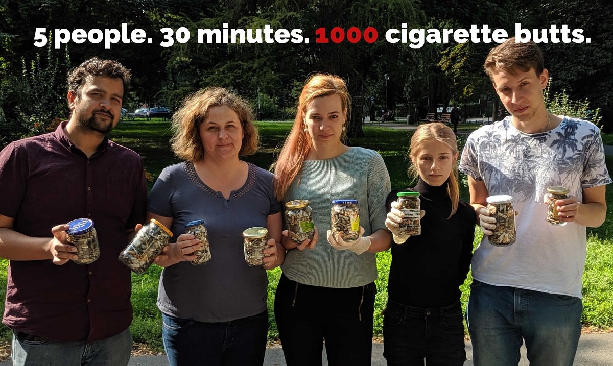 author Bogna Haponiuk and friends with cigarettes butts they collected in just one half hour