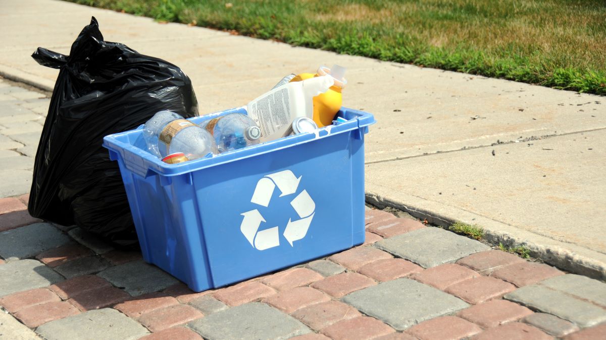 blue recycling bin on curb