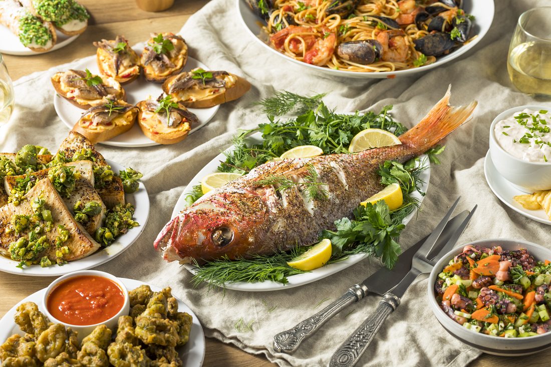 seafood dishes arranged on table
