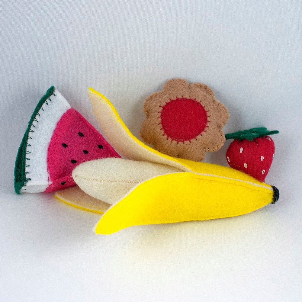 Noshkins handmade felt food toys are made from recycled water bottles