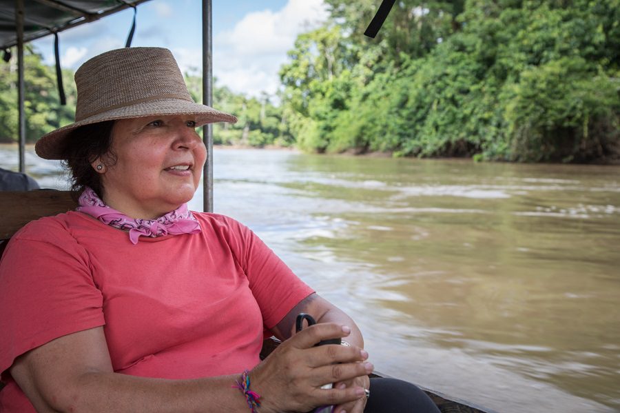 Author Anita Sanchez in boat, Amazon rainforest