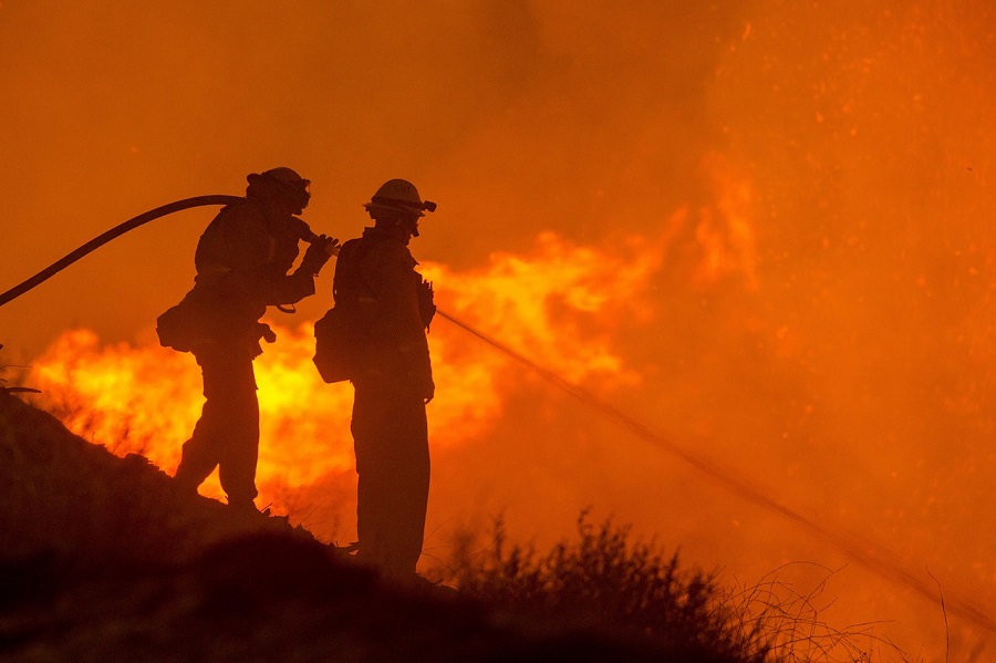 two firefighters with hose in wildfire