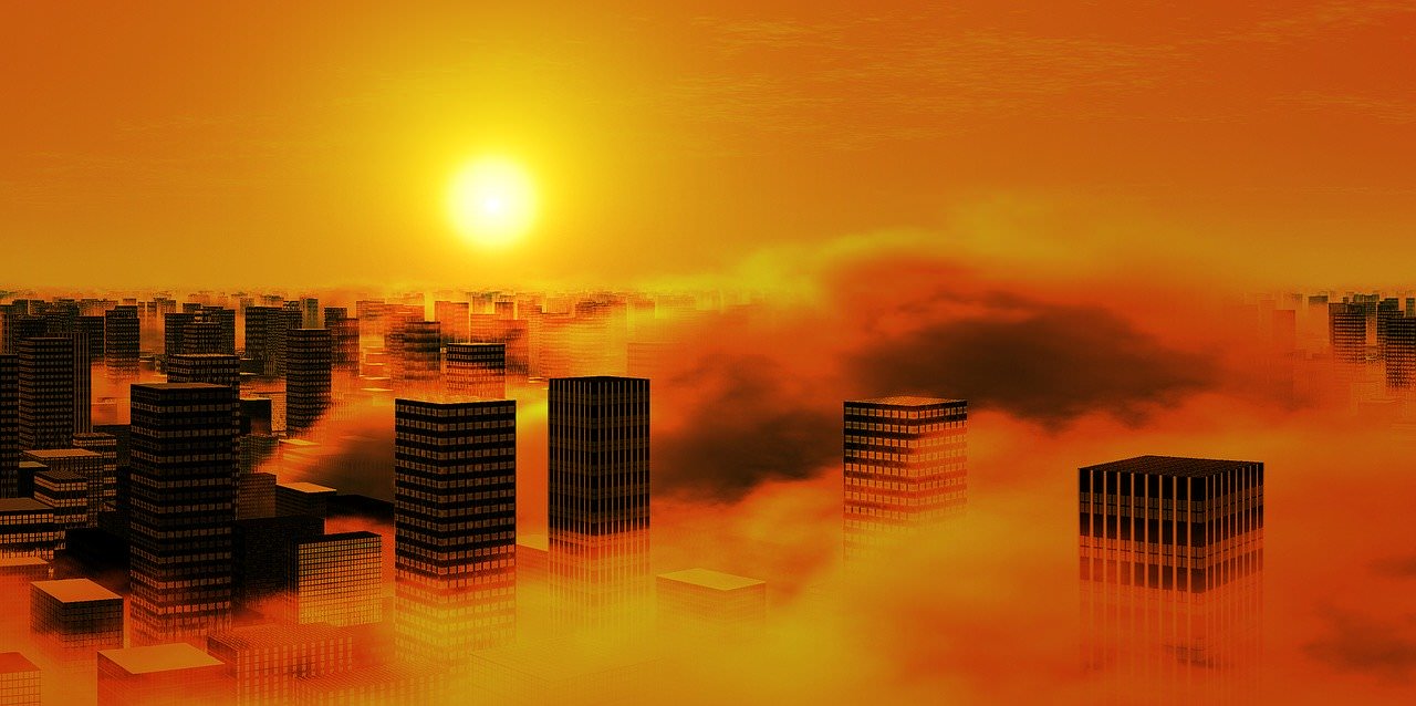 intense sun over smoggy city