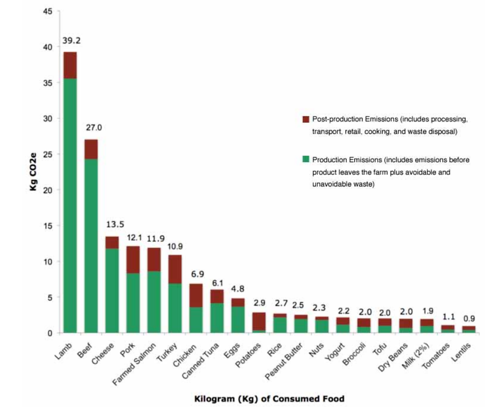 Graph comparing CO2 equivalent emission per kilogram of various foods
