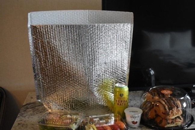 Amazon Prime grocery delivery service's plastic silver insulated bag