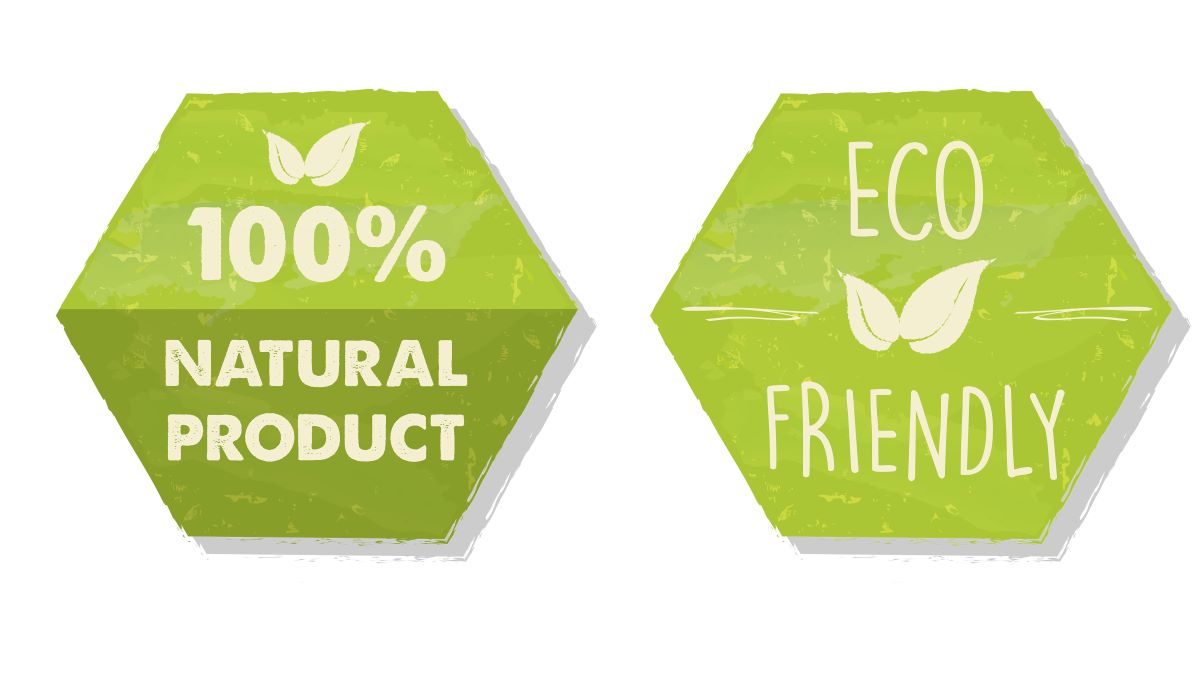 100% natural and eco friendly with leaf sign in green hexagons labels