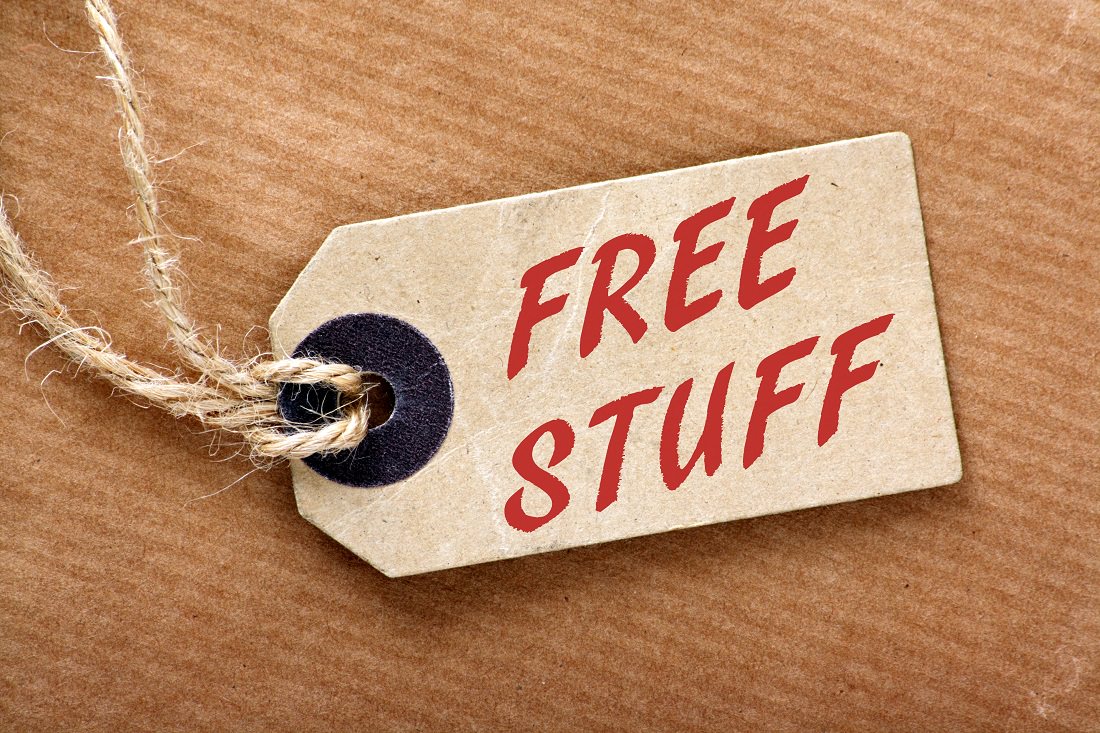 paper tag with words, "Free Stuff" printed on it
