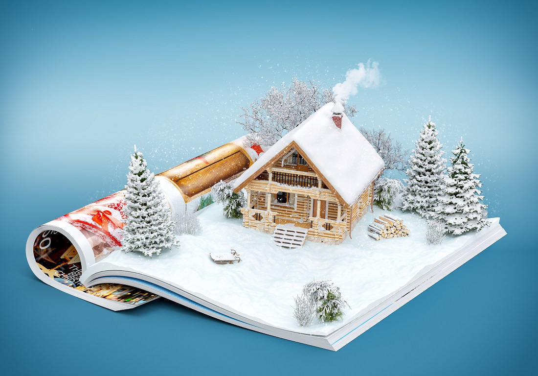 Cute log house in winter on a page of opened holiday calendar