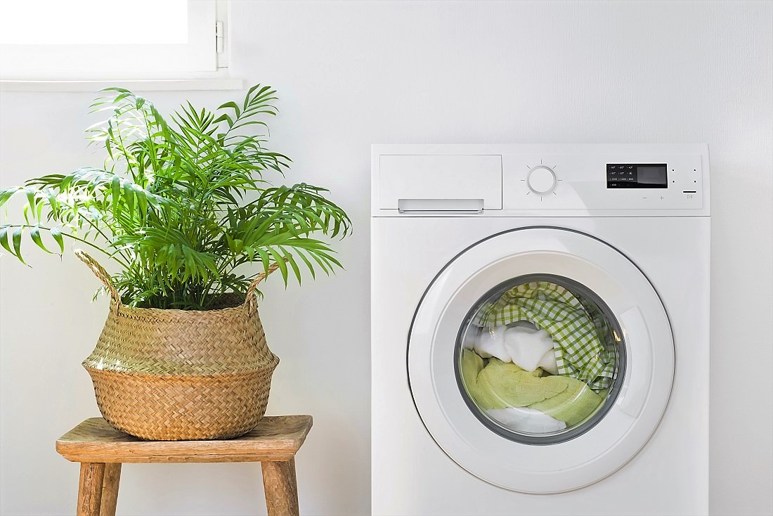 front-loading washing machine filled with laundry next to potted plant