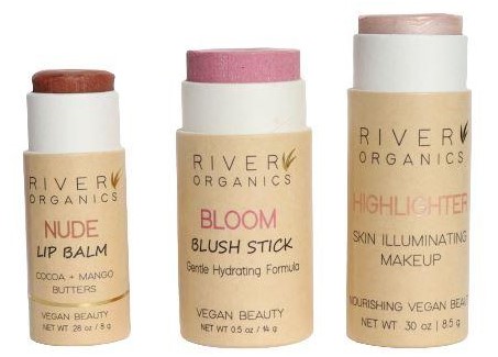 River Organics lip balm, blush stick, and makeup