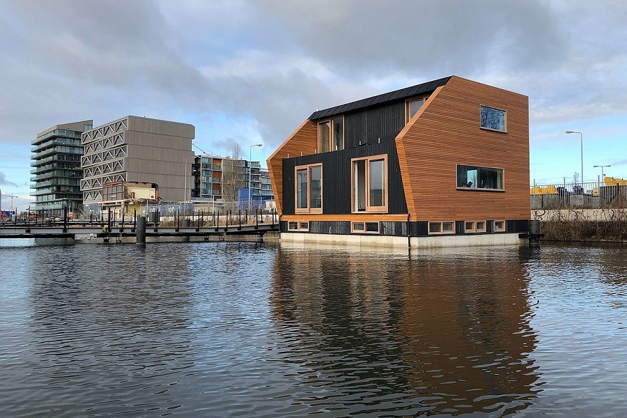Schoonschip floating house, water view