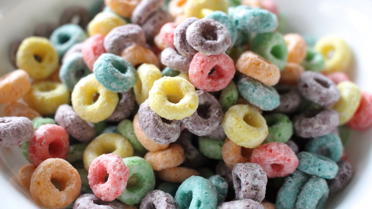 close-up of brightly colored sugary breakfast cereal