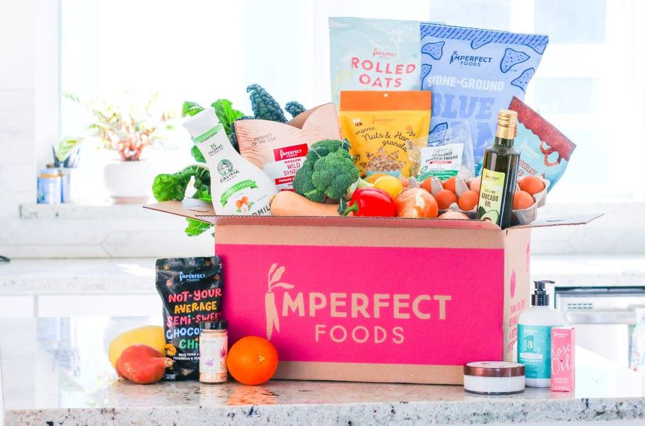 Box of Imperfect Foods groceries on kitchen counter