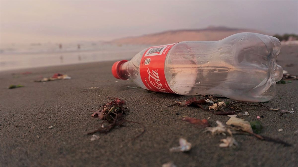 plastic Coke bottle littering beach