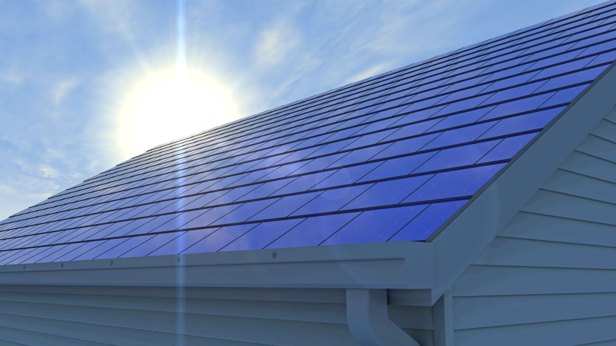 Illustration of an integrated solar shingle roof