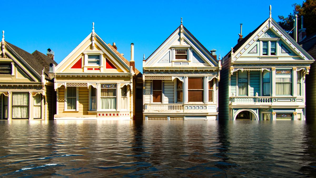 Flooded row houses, concept of sea level rise