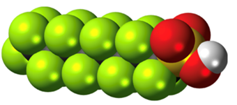 Modèle 3D de PFOA - un composé PFAS toxique - sous sa forme acide