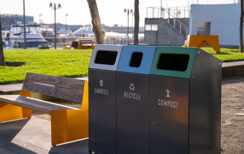Trash, recycling, and compost bins