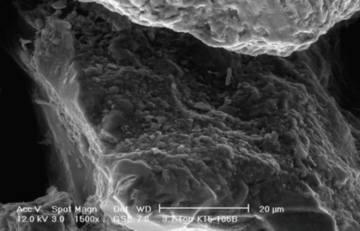 Image au microscope électronique à balayage de grains de sable recouverts de particules PlumeStop CAC